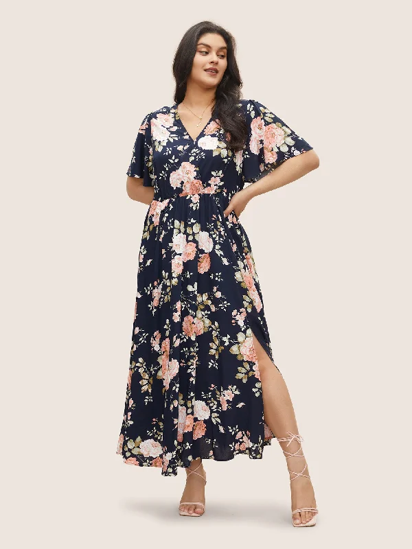 Bloom Dress - Flutter Sleeve Ditsy Floral Pocket Split Maxi Dress