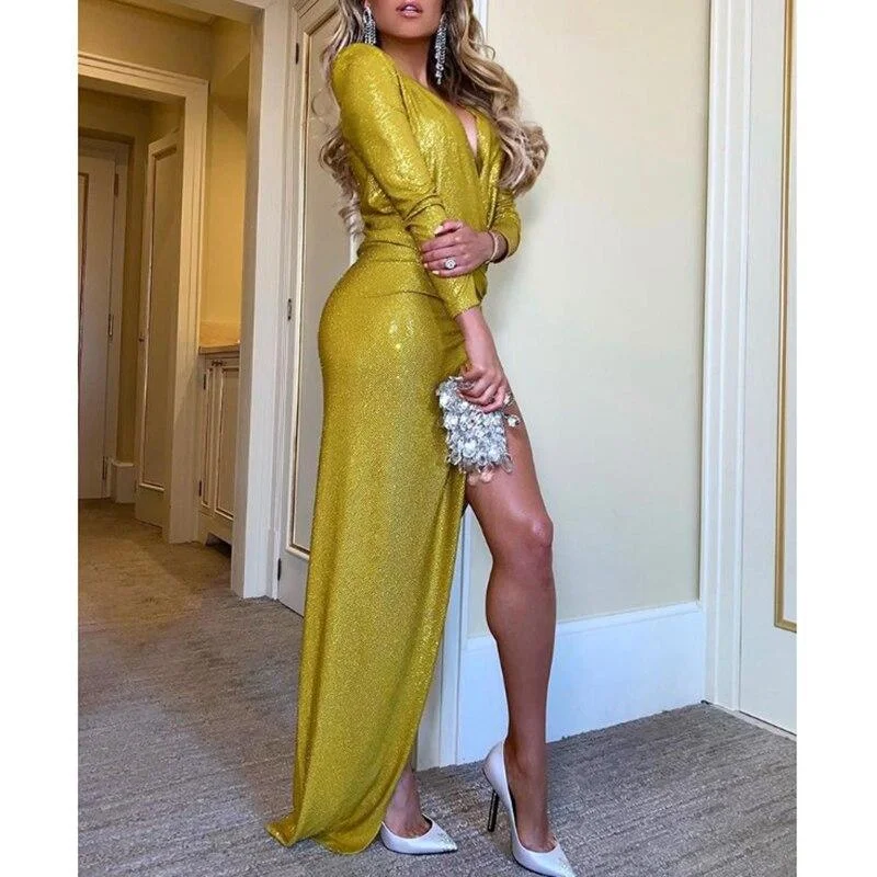 FashionSierra - Glitter Surplice Wrap Deep V Ruched Slit Dress Women Party Dress Autumn Long Sleeve Maxi Dresses Vestidos Mujer