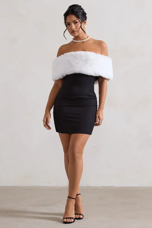 Little Luxe | Black Bardot Mini Dress With White Fur Trim