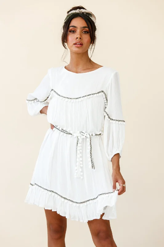 Marionette Three-Quarter Sleeve Pom-Pom Dress White