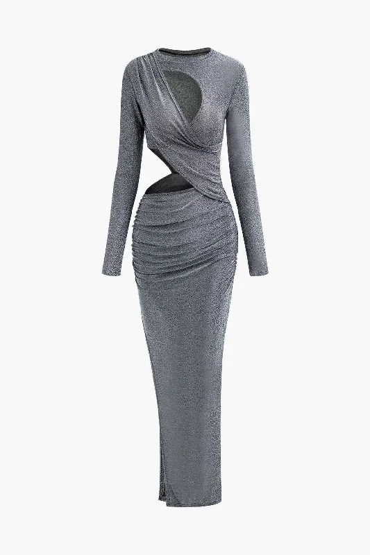 Lurex Asymmetric Cut Out Long Sleeve Maxi Dress