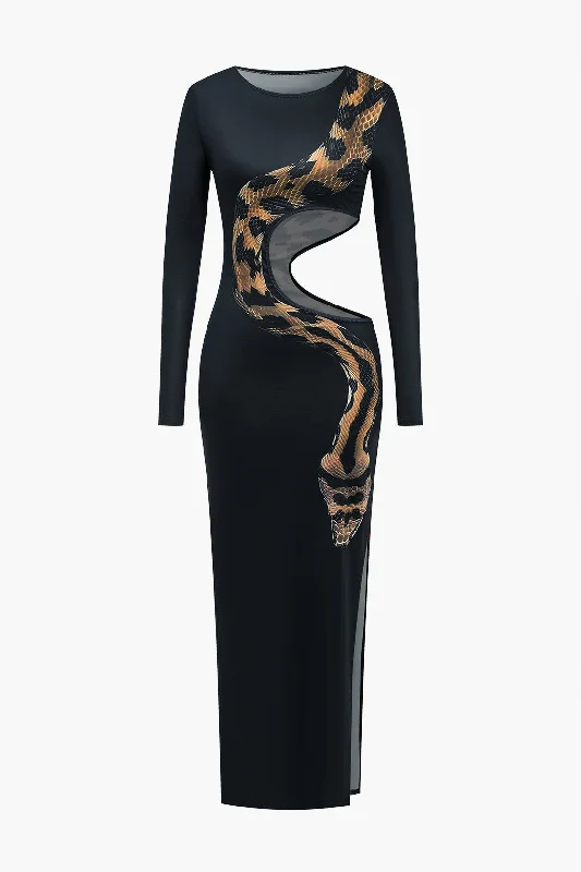 Snake Print Cut Out Long Sleeve Slit Maxi Dress