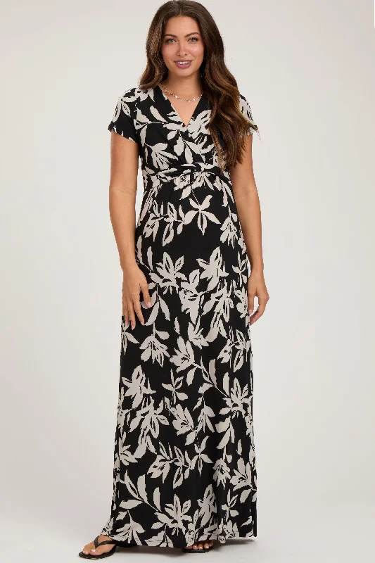 Black Floral V-Neck Maternity Maxi Dress