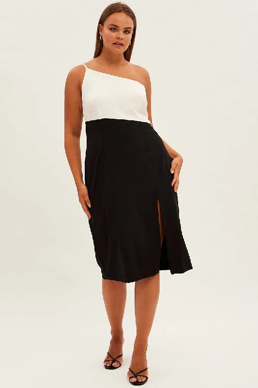 Black Midi Dress Asymmetrical Color Block