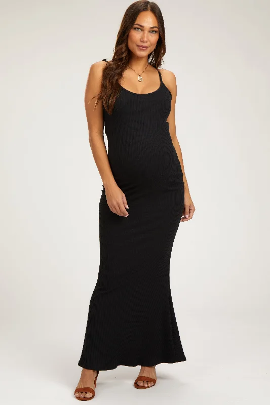 Black Ribbed Maternity Maxi Dress