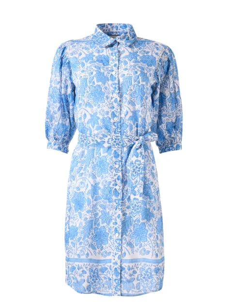 Blue Floral Belted Shirt Dress