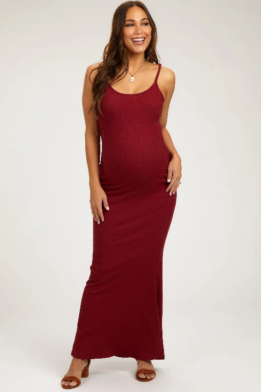 Burgundy Ribbed Maternity Maxi Dress