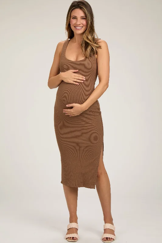 Camel Ribbed Knit Sleeveless Side Slit Maternity Dress