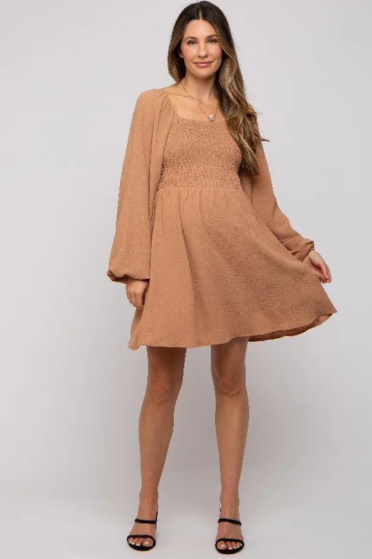 Camel Tie Back Smocked Long Sleeve Maternity Dress