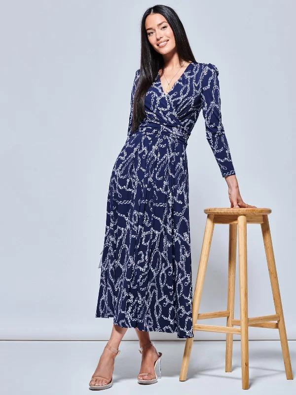 Chain Print Long Sleeve Maxi Dress, Navy