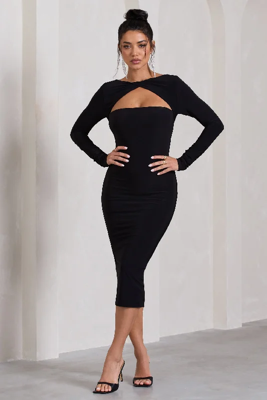 Disconnect | Black Bodycon Twist Neck Midi Dress With Strappy Back