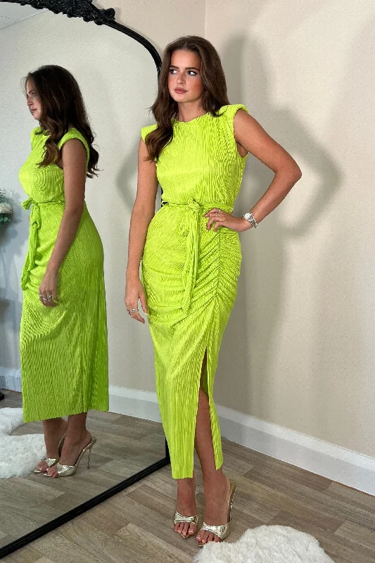 Elena Ruched Seamed Midi Dress Lime