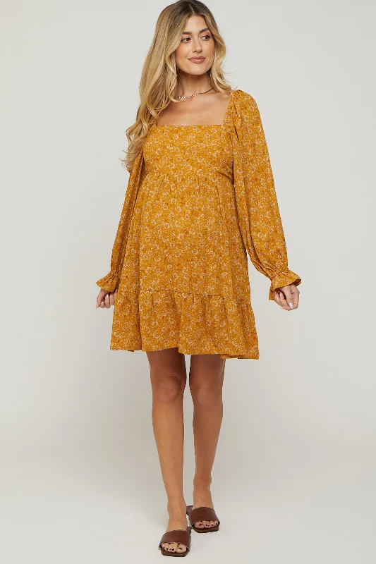 Gold Floral Chiffon Square Neck Ruffle Hem Maternity Dress