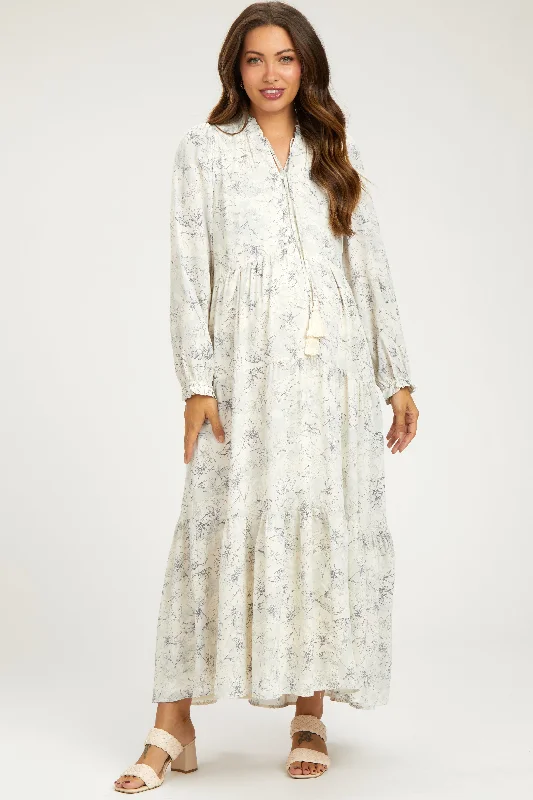 Gray Floral Tassel Tiered Long Sleeve Maternity Maxi Dress