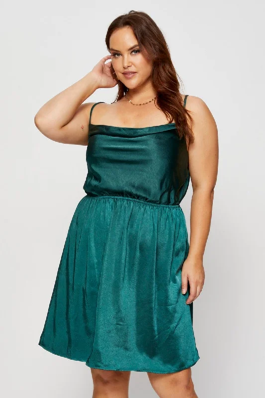 Green Mini Satin Dress Cowl Neck Sleeveless