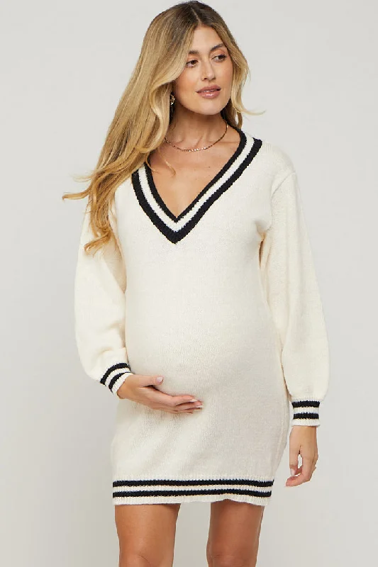 Ivory Oversized Varsity Striped V-Neck Maternity Sweater Dress