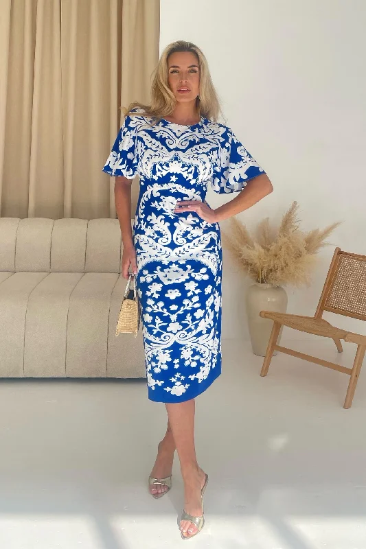 Jocelyn Cobalt and White Midi Dress