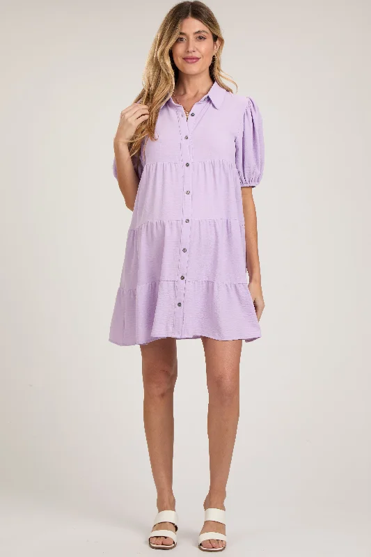 Lavender Button Front Tiered Collared Maternity Dress