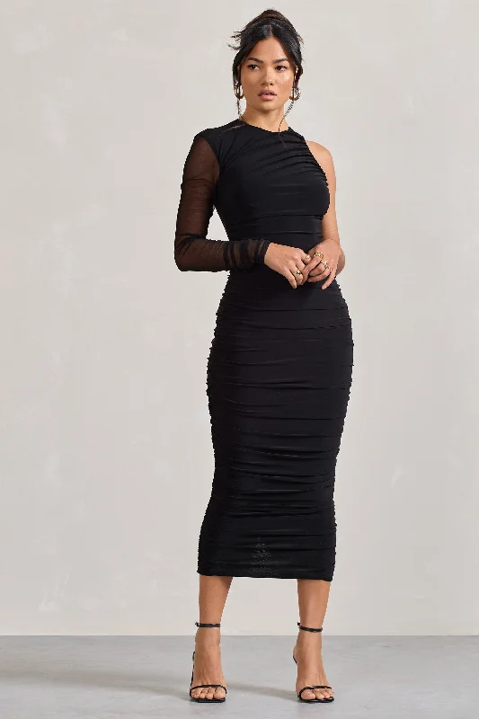 Luciene | Black Ruched Asymmetric Bodycon Midi Dress With Sheer Sleeve