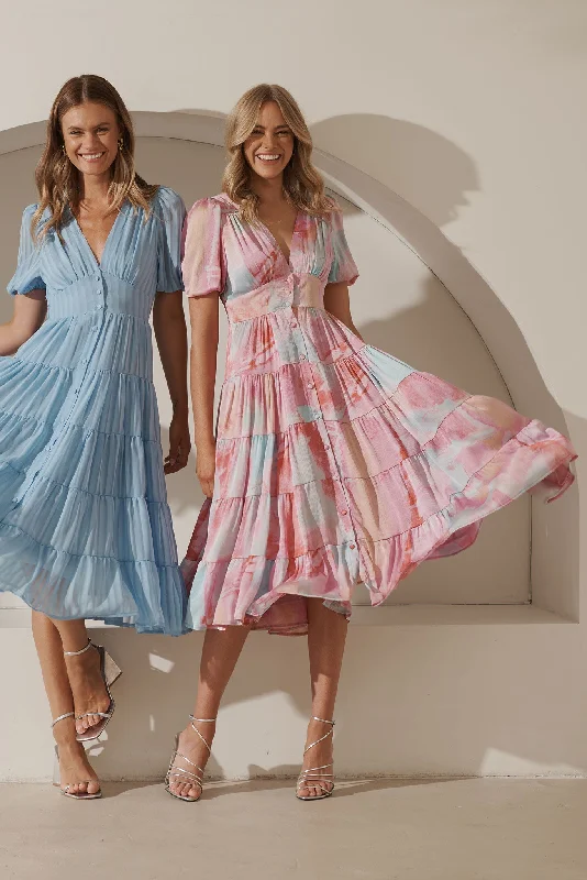 Modica Midi Dress In Pink With Blue Watercolour Chiffon