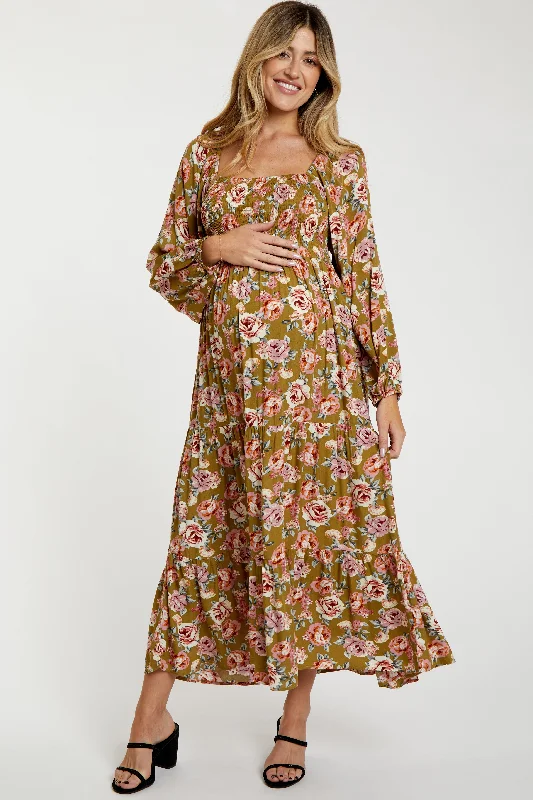 Olive Floral Long Sleeve Maternity Maxi Dress