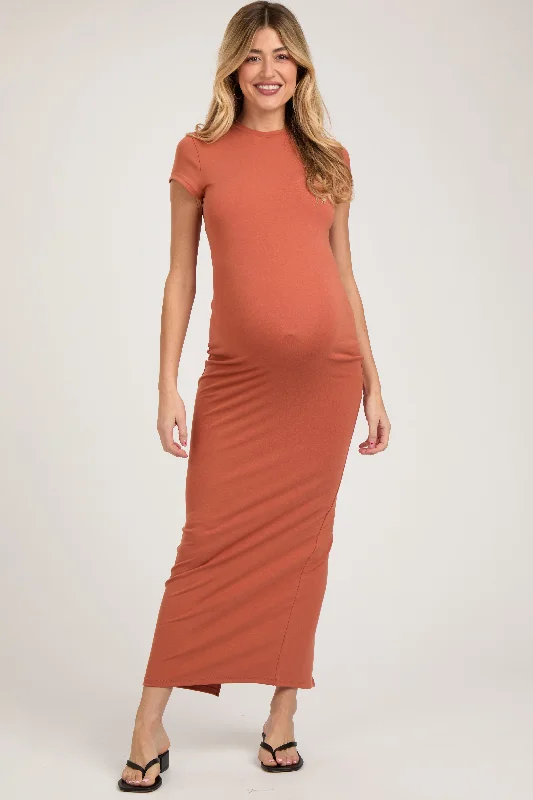 Rust Fitted Short Sleeve Maternity Maxi Dress