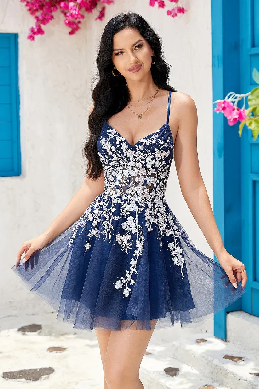 Stylish A Line Navy Spaghetti Straps Short Prom Dress With Criss Cross Back