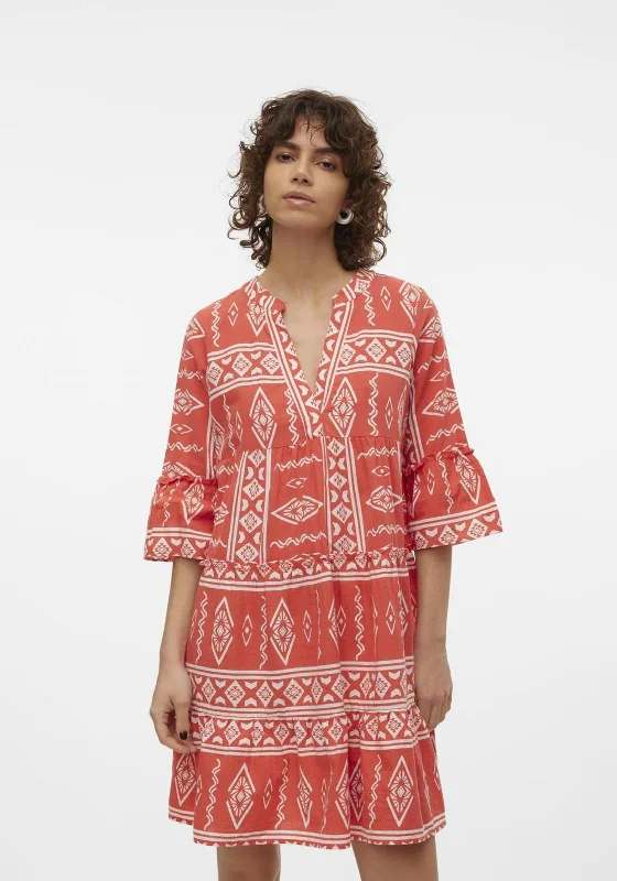 Vero Moda Dicthe Printed Tunic Smock Mini Dress, Cayenne