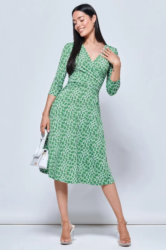 Willa Geometric Print Jersey Dress, Green Geo