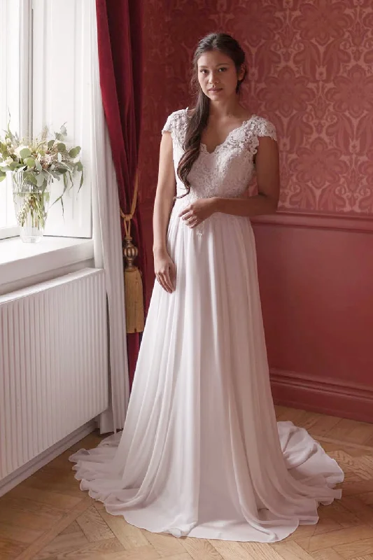 A-line Cap Sleeves White Chiffon Wedding Dress with Lace