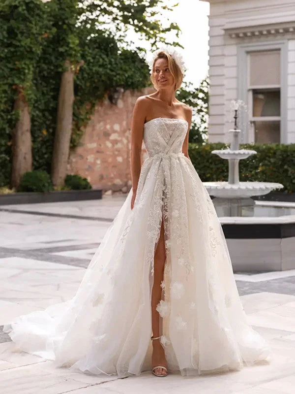 A-line Elegant Wedding Gowns, Strapless Lace Bridal Gowns, Newest Wedding Dresses