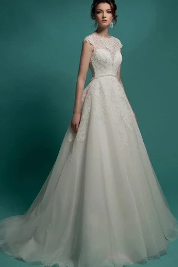 A-Line Floor-Length Jewel-Neck Cap-Sleeve Illusion Organza Dress With Appliques And Beading