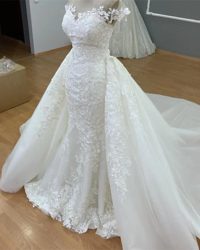 Mermaid Wedding Dresses Lace Appliques Removable Train