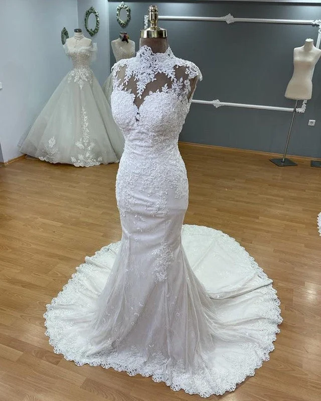 Lace Mermaid Wedding Dresses High Neck Open Back