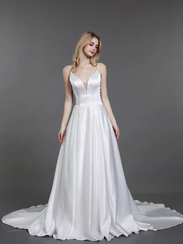 Spaghetti Strap Simple Satin Bridal Gown-Ivory