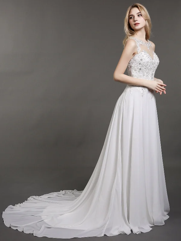 Illusion Neck Chiffon with Beaded Bride Gown-Ivory