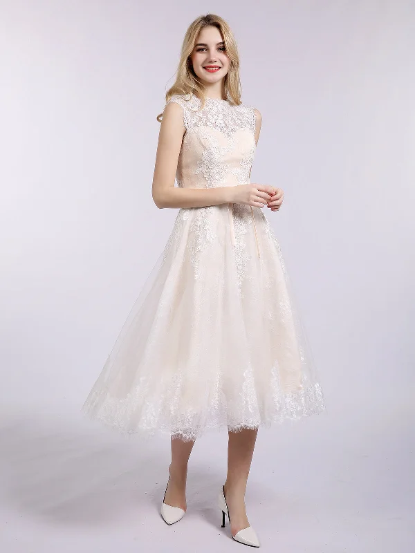 Illusion Neck Lace Short Wedding Dress with Bow-Champagne