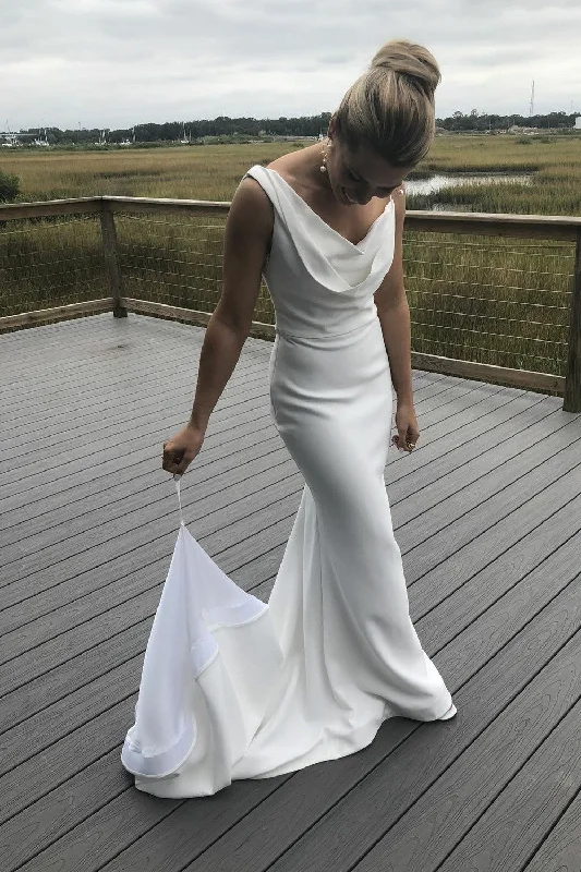 Elegant Satin White Wedding Gown with Cowl Neckline