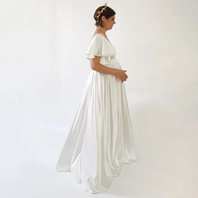 Maternity Silky Minimalist wedding dress, Elegant Satin Butterfly Sleeves Ivory  Pregnancy Dress #7001