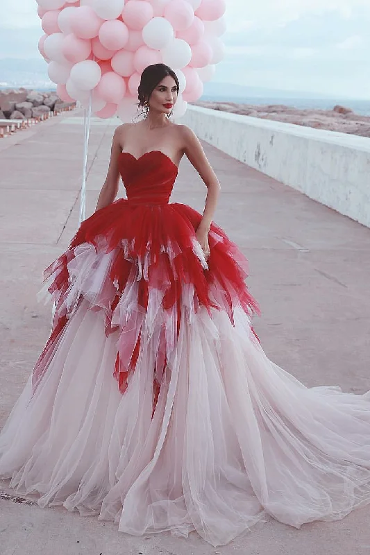 Red&Ivory Tulle Ball Gown Wedding Dresses Backless vestido de noiva