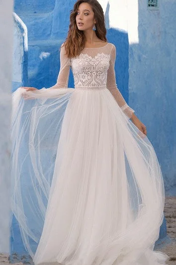 Romantic A Line Lace Bateau Floor-length Wedding Dress with Ruching