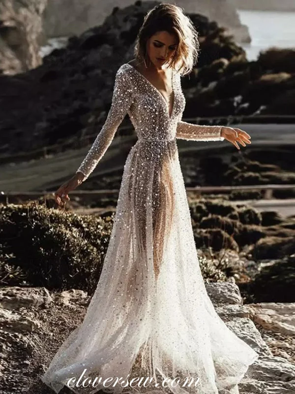 Shiny Sequined Tulle Long Sleeves See Through Beach Wedding Dresses, CW0302