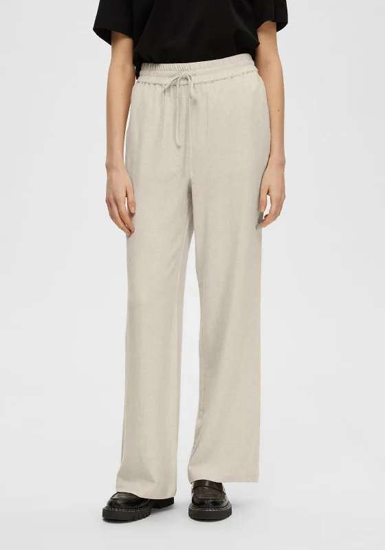 Selected Femme Viva Guila Wide Leg Linen Trousers, Sandshell