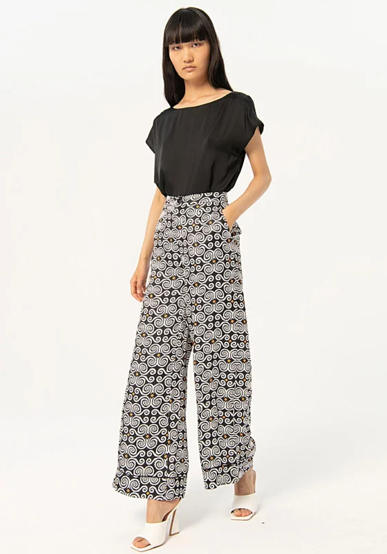 Surkana Satin Print Wide Leg Trousers, Black