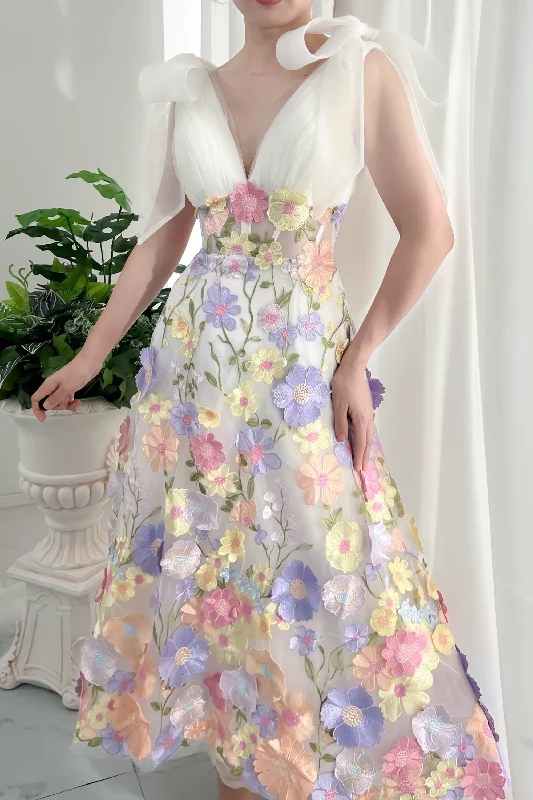 V Neck Embroidery Floral Dress with removeable Bows