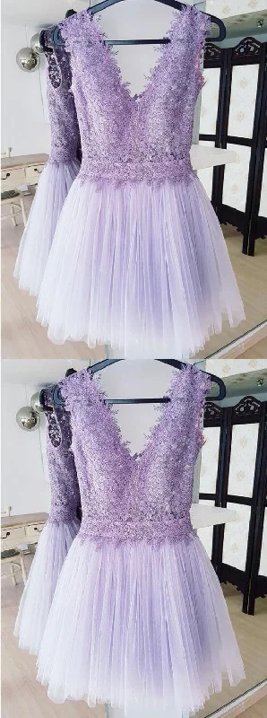 A-Line Deep V-Neck Backless Lilac Short Homecoming Dress With Lace     cg23542