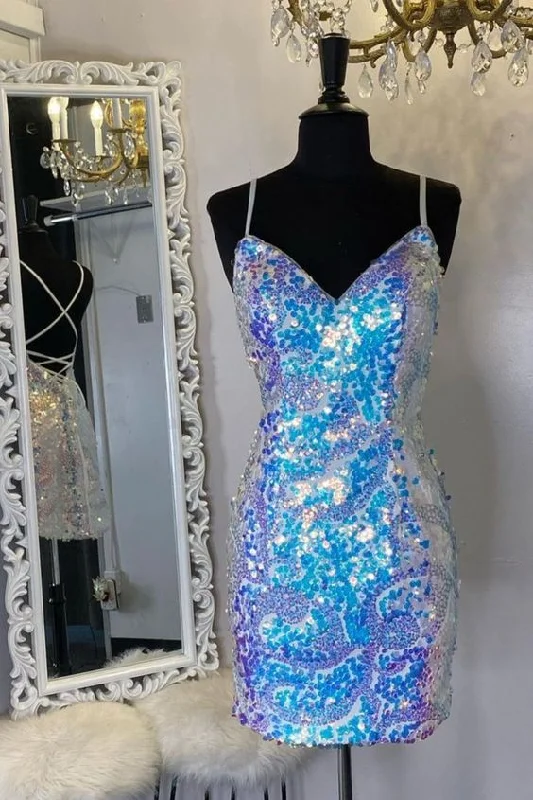 spaghetti straps tight blue sequins homecoming dress party dress      cg23566