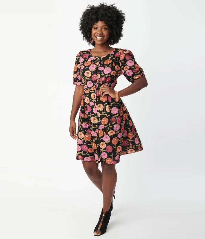 Black & Zinnia Floral Fit & Flare Dress