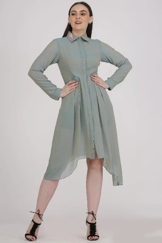 Georgette Grey Knee Length Work Shirt Dress