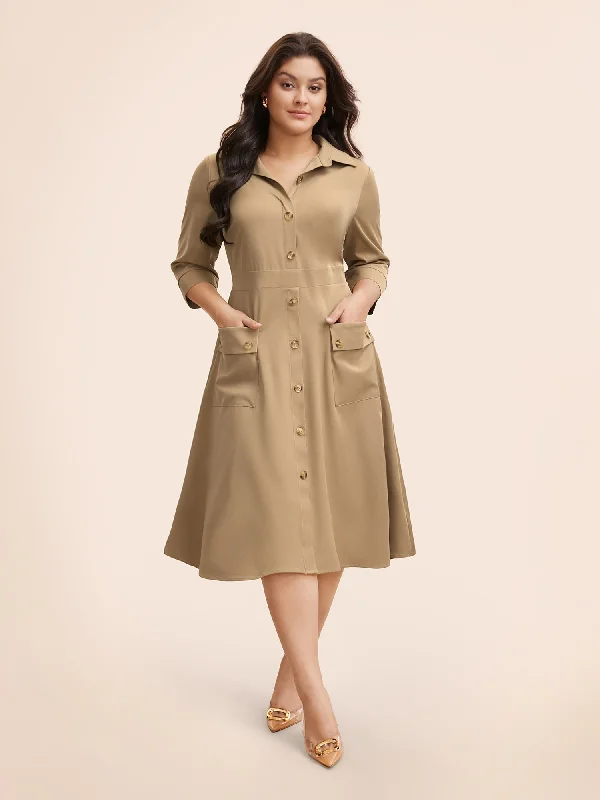 Shirt Collar Elastic Waist Patch Pocket Dress